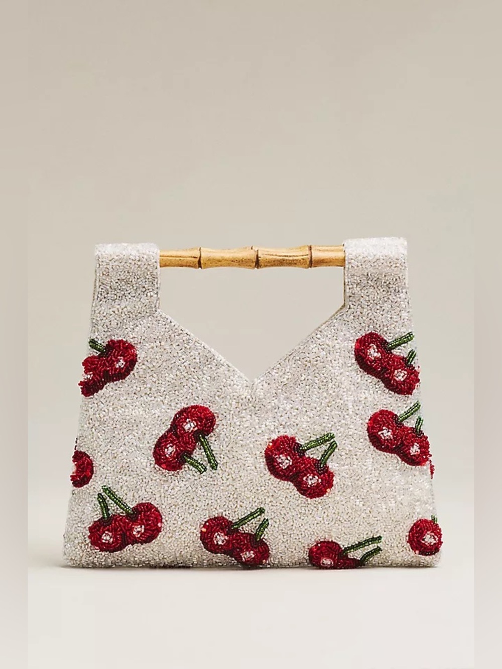 New Anthropologie beaded bamboo handle bag purse white red cherry 🍒 cherries